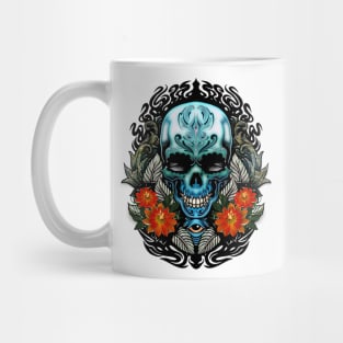 Awesome blue green skull with flowers Mug